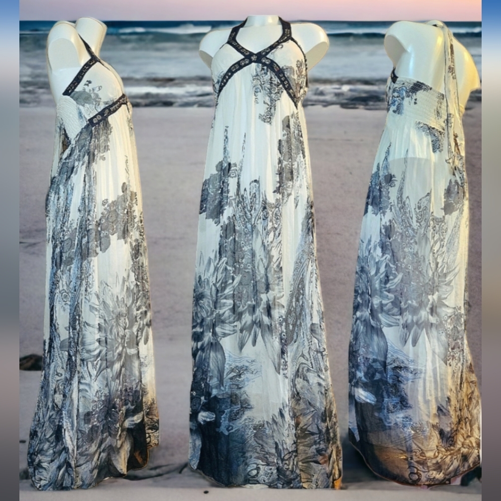 Versace style full-length maxi summer dress gown halterneck elasticated back - Picture 1 of 16